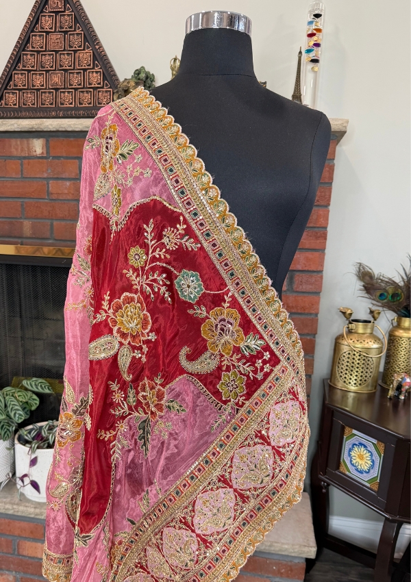 Maroon Floral Embroidered Organza